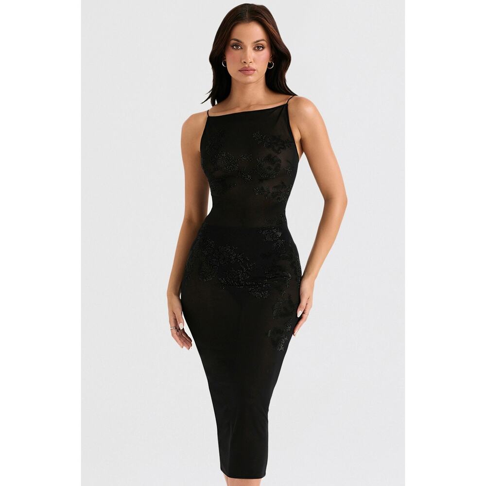 House of CB Amirah black mesh crystal embellished midi dress